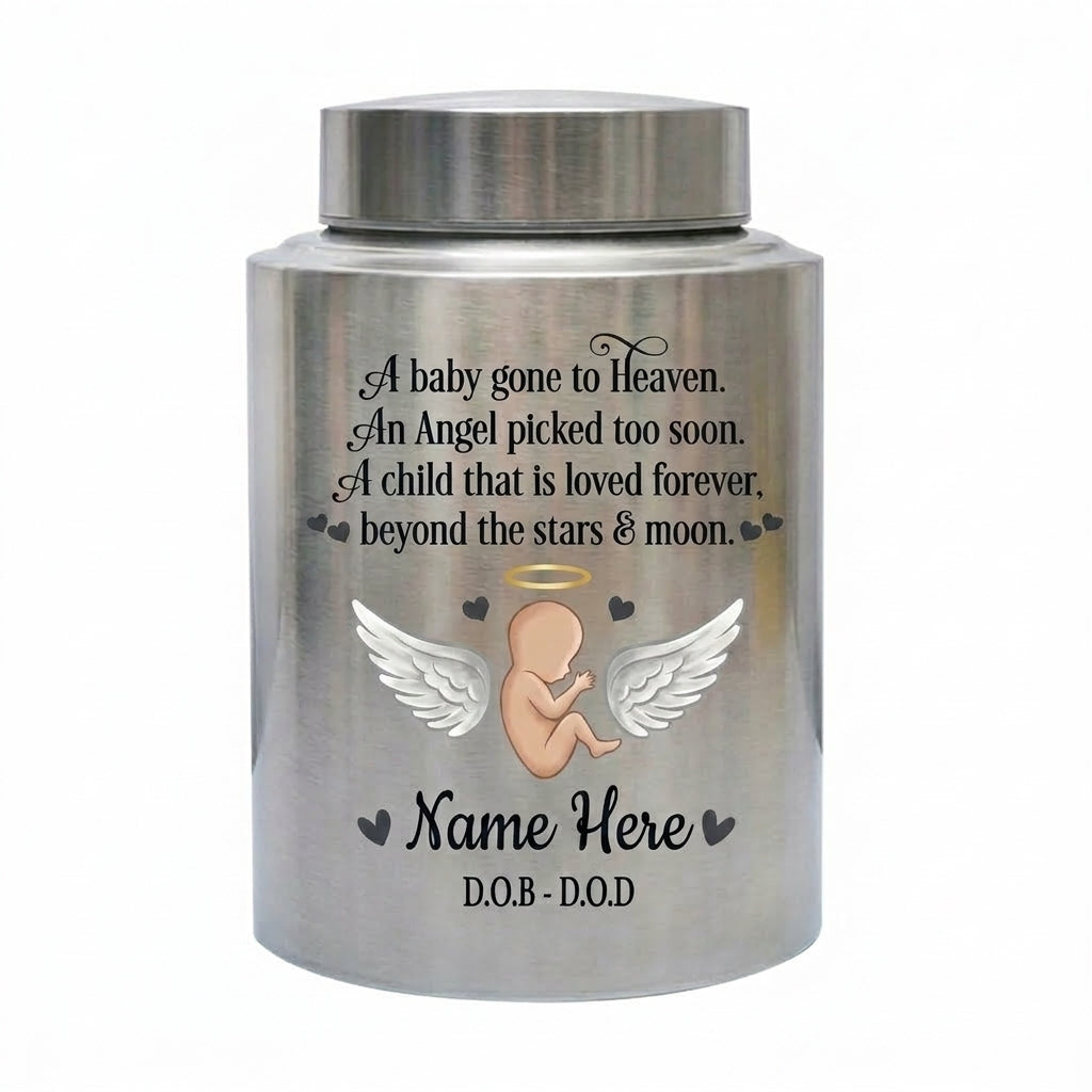 Personalized Baby Angel Stainless Steel Cremation Urn, Infant Loss Bereavement Miscarriage Keepsake for Grieving Parents, UV Printed Memorial Keepsake Urn, Memorial Gift, In Loving Memory - Image 2