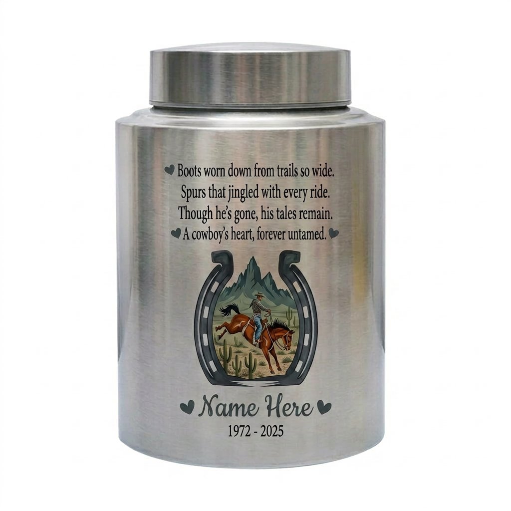 Personalized Cowboy Boots Hat Horseshoe UV Printed Stainless Steel Urn for Adult Ashes Western Sympathy Father Husband Large Memorial Keepsake Urn, Memorial Gift, In Loving Memory - Image 2