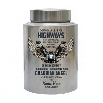 Personalized Motorcycle Riding In Heaven Guardian Angel Stainless Steel Cremation Ash Holder For Adult Male Dad Biker Large UV Print Memorial Keepsake Urn, Memorial Gift, In Loving Memory - Image 2