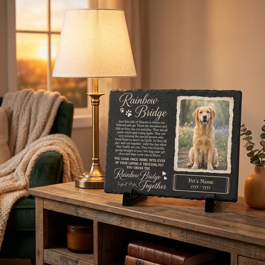 Personalized Rainbow Bridge Dog Memorial Slate Stone – Sympathy Gift for Pet Loss - Image 2 | VNMGSREPR1-6IN-EHIEU_AI_0479 VNMGSREPR1-8IN-EHIEU_AI_0479