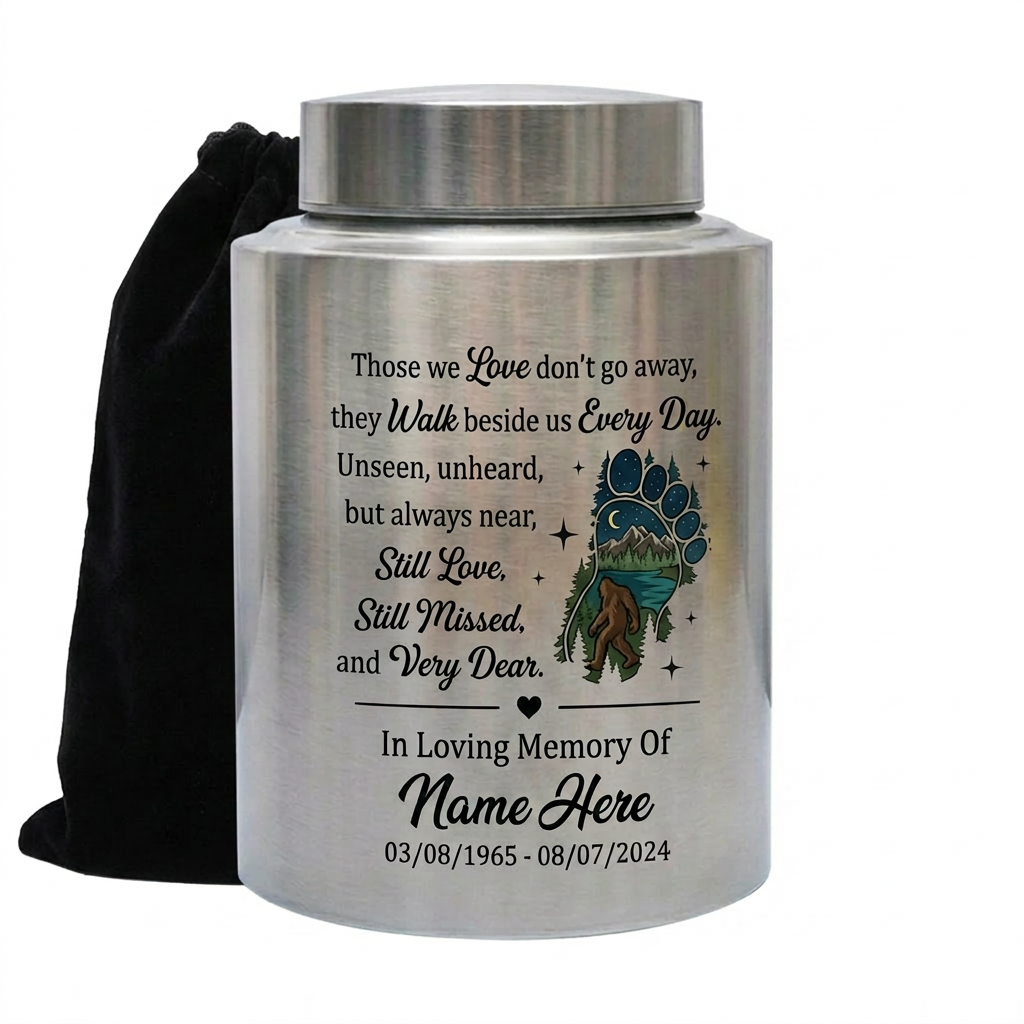 Personalized Bigfoot Sasquatch Stainless Steel Urn for Adult Human Ashes Men Father Husband Bereavement Condolence Silver Black Gold Red Memorial Keepsake Urn, Memorial Gift, In Loving Memory - Image 2