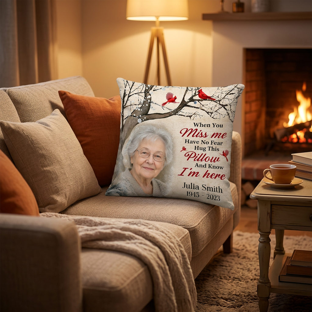 Personalized Memorial Photo Pillow with Cardinal & Tree Branch - Sympathy Gift for Loss of Mom - Image 2