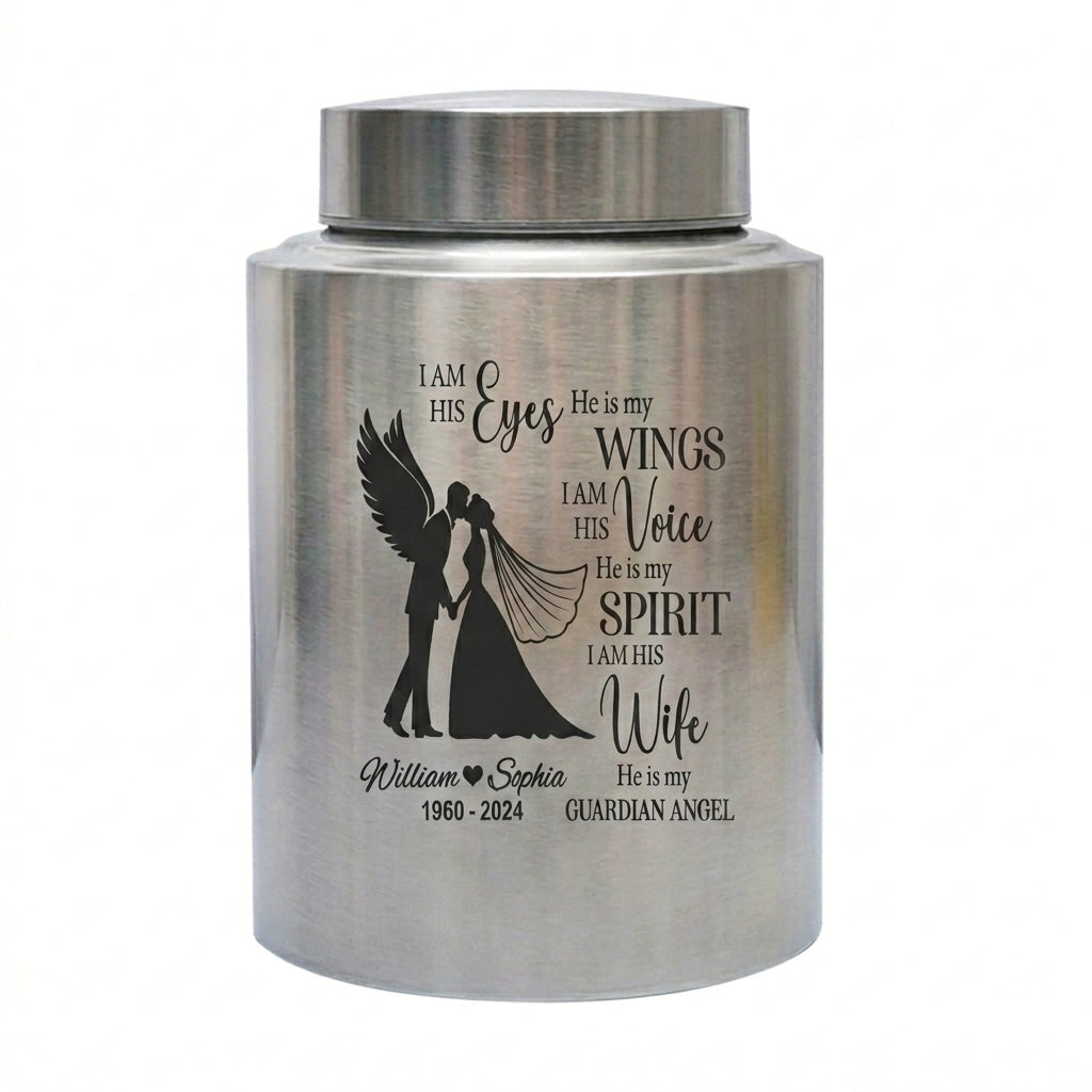 Personalized Couple in Heaven Stainless Steel Cremation Urn Loss of Husband Guardian Angel Keepsake for Widow Large or Small Ash Holder Memorial Keepsake Urn, Memorial Gift, In Loving Memory - Image 2