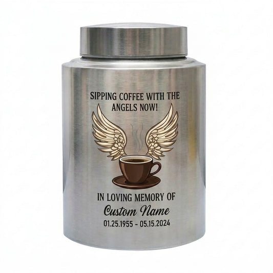 Personalized Coffee Theme Stainless Steel Cremation Urn for Ashes, Custom Name and Date Tribute for Coffee Lover, Large Size Options, Memorial Keepsake Urn, Memorial Gift, In Loving Memory - Image 2