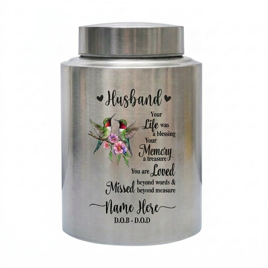 Personalized Couple in Heaven Stainless Steel UV Printed Urn Loss of Husband Bereavement Sympathy Keepsake for Widow Silver Black Red Memorial Keepsake Urn, Memorial Gift, In Loving Memory - Image 2