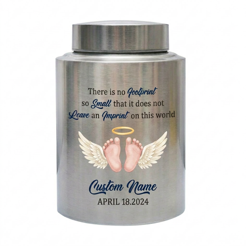 Personalized Angel Baby Footprint Stainless Steel Cremation Urn, Infant Loss Remembrance Container, Grieving Parent Sympathy Present, Memorial Keepsake Urn, Memorial Gift, In Loving Memory - Image 2