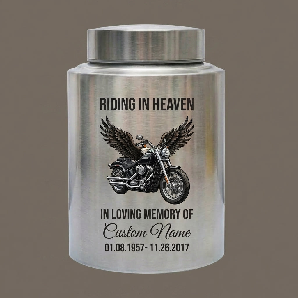 Personalized Motorcycle Riding in Heaven Stainless Steel Ash Holder for Adult Male Dad Biker Funeral Display Large Capacity Memorial Keepsake Urn, Memorial Gift, In Loving Memory - Image 2