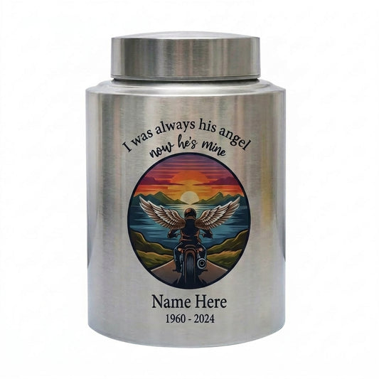 Personalized Motorcycle Riding in Heaven UV Printed Stainless Steel Urn for Dad Husband Adult Male Ashes Bereavement Large or Small 4 Colors Memorial Keepsake Urn, Memorial Gift, In Loving Memory - Image 2
