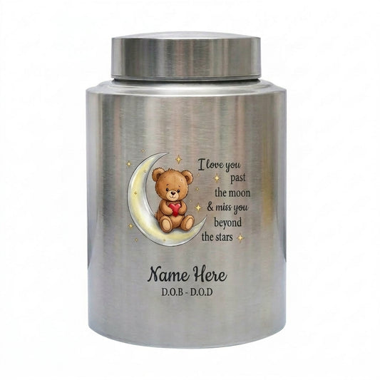 Personalized Teddy Bear Crescent Moon Stars Baby Loss Stainless Steel Urn Infant Child Bereavement Custom Two Sizes Parents Family Memorial Keepsake Urn, Memorial Gift, In Loving Memory - Image 2