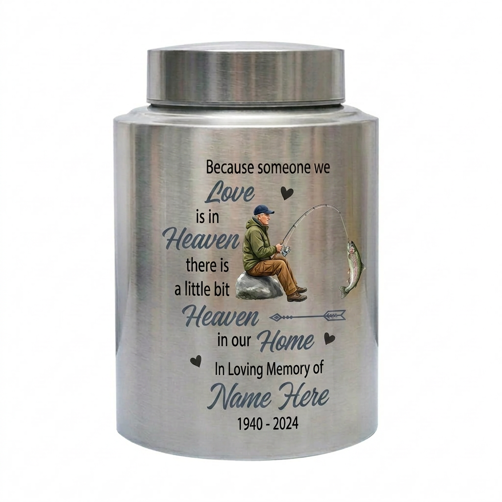 Personalized Bass Fishing Cremation Urns for Human Ashes Loss of Father Husband Fisherman Silhouette Because Someone We Love is in Heaven Quote Memorial Keepsake Urn, Memorial Gift, In Loving Memory - Image 2