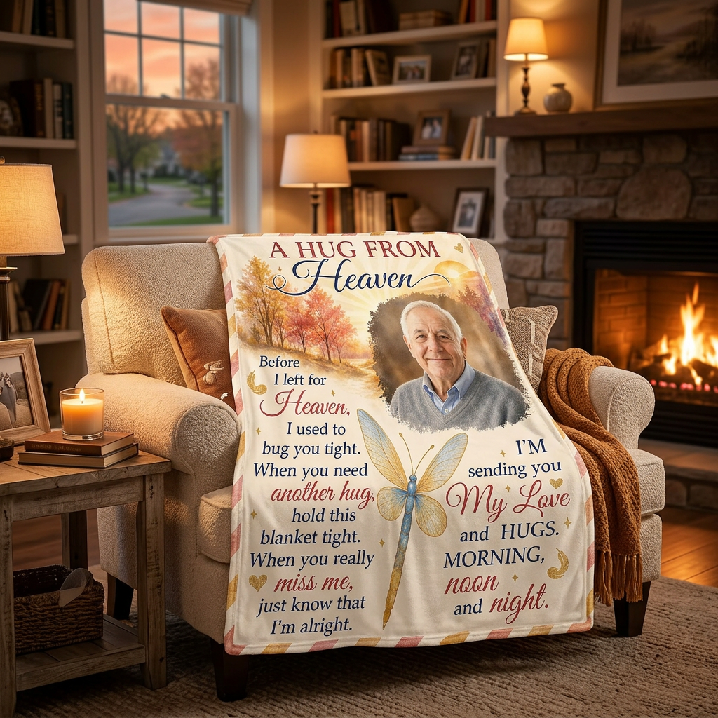 Personalized Photo Memorial Fleece Blanket - A Hug From Heaven Sympathy Gift for Loss of Dad - Image 2