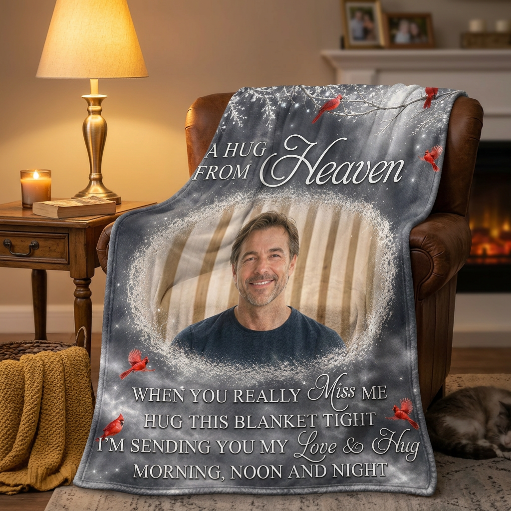 Personalized Photo A Hug From Heaven Memorial Fleece Blanket, Cardinal Sympathy Gift for Loss - Image 2