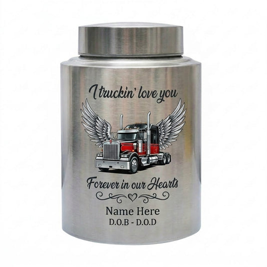 Personalized Semi Truck Angel Wings Stainless Steel Cremation Urn for Human Ashes, Truck Driver Dad Husband Grandpa Funeral Sympathy Gift, Memorial Keepsake Urn, Memorial Gift, In Loving Memory - Image 2