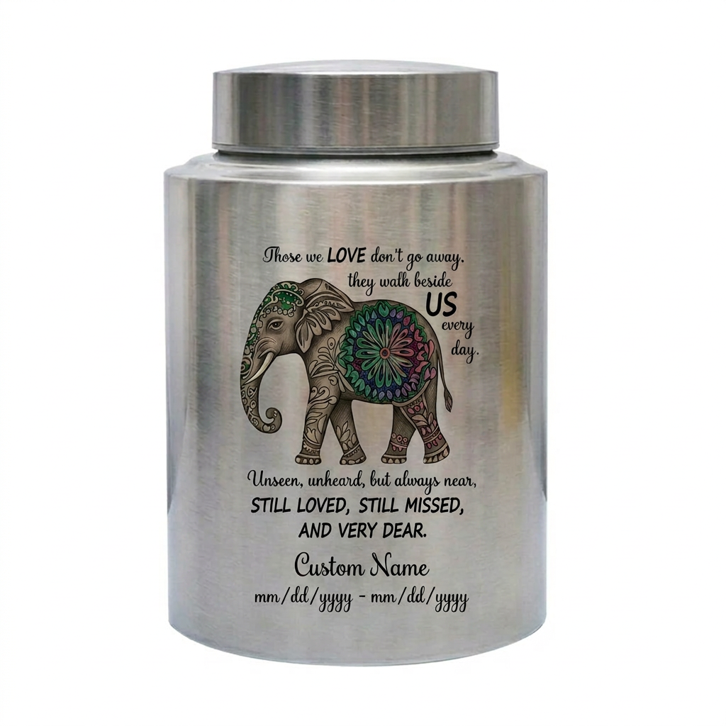 Personalized Floral Elephant Pattern Stainless Steel Large Urn for Human Ashes, Loss of Mother Father Loved One Sympathy Gift, Bereavement Memorial Keepsake Urn, Memorial Gift, In Loving Memory - Image 2