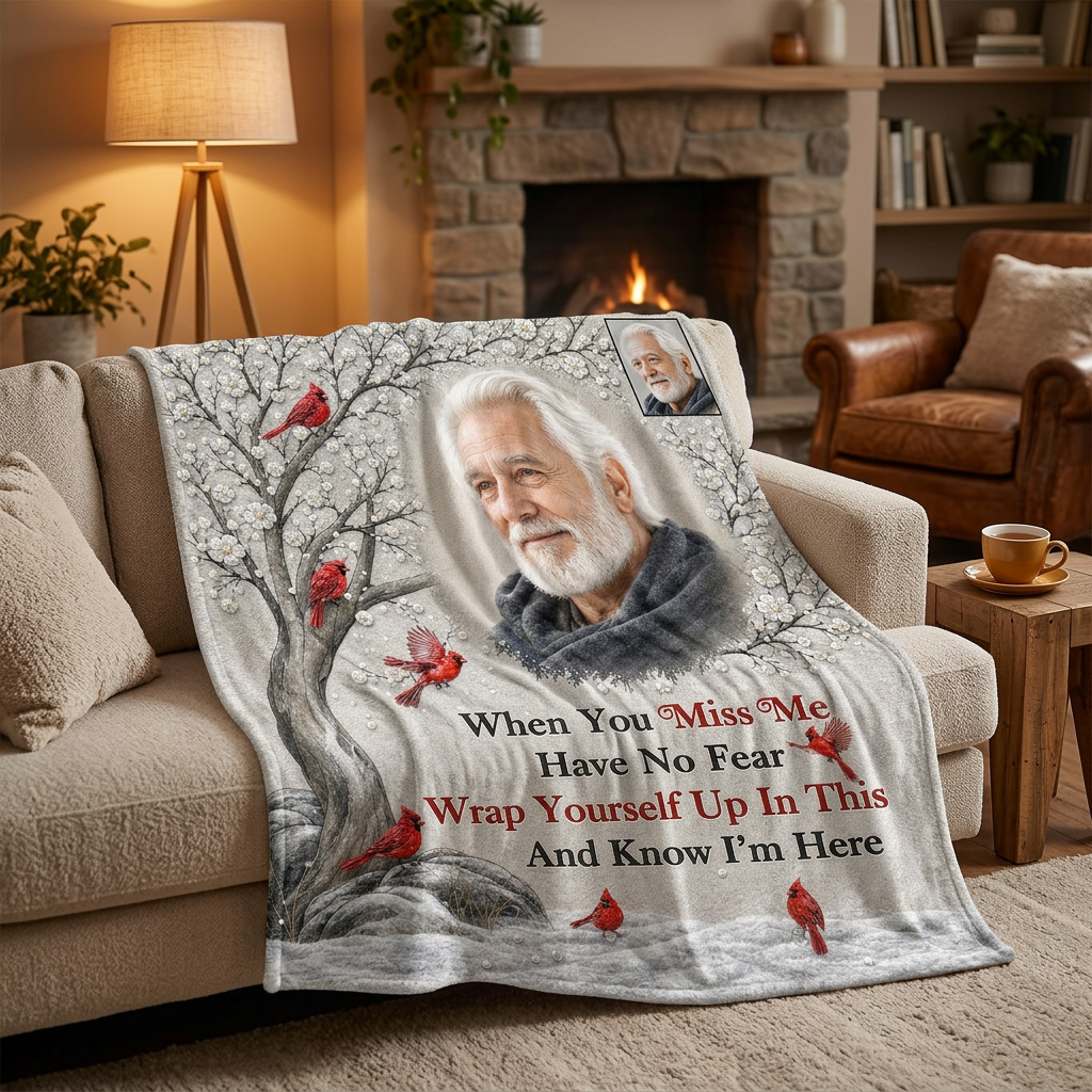 Personalized Memorial Photo Fleece Blanket with Cardinals - Sympathy Gift for Loss of Dad or Grandpa - Image 2