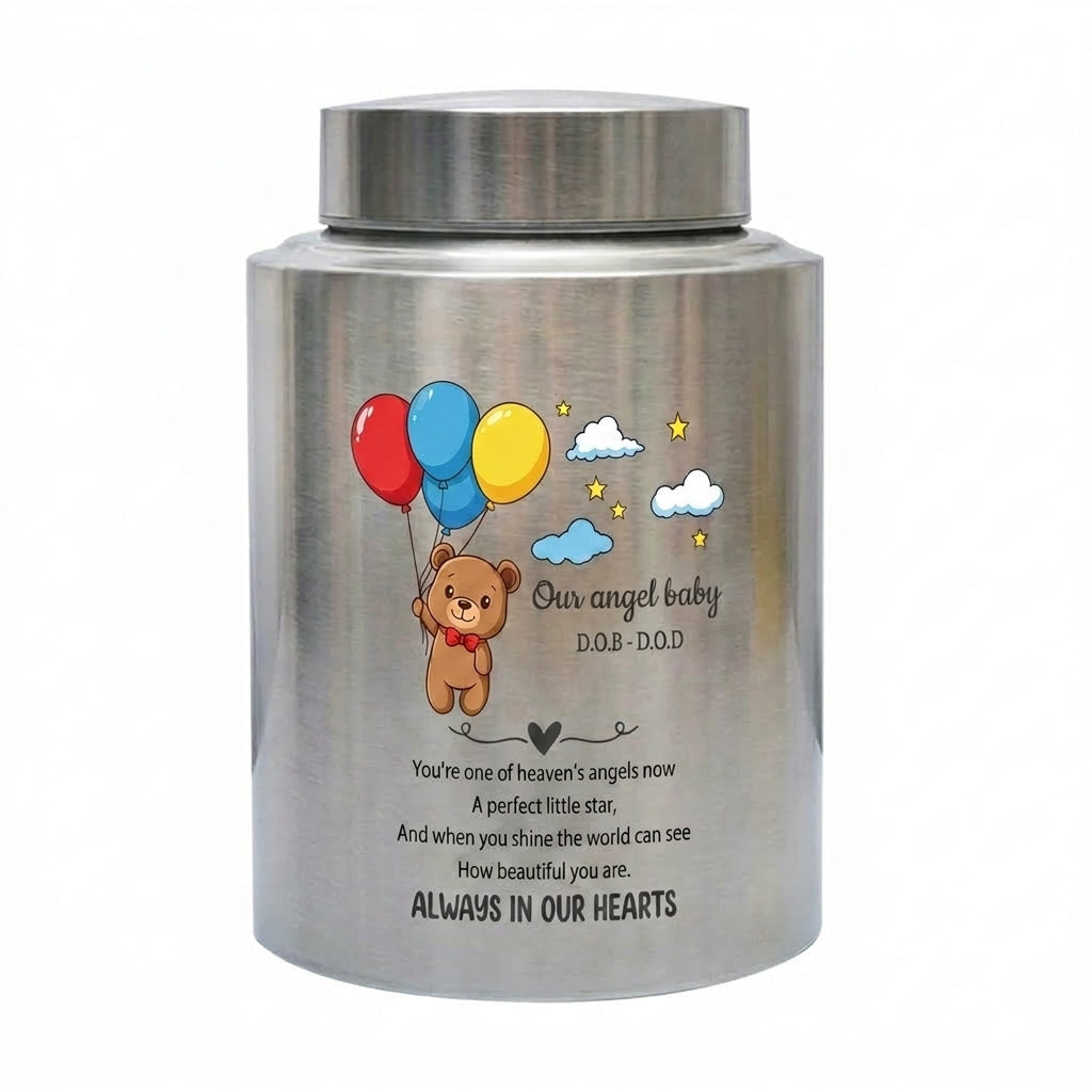 Personalized Teddy Bear Balloons Baby Loss Stainless Steel Urn For Infant Child Bereavement Custom Engraved Sympathy Gift Large And Small Memorial Keepsake Urn, Memorial Gift, In Loving Memory - Image 2