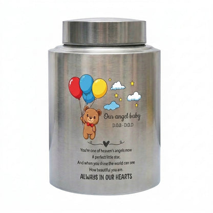 Personalized Teddy Bear Balloons Baby Loss Stainless Steel Urn For Infant Child Bereavement Custom Engraved Sympathy Gift Large And Small Memorial Keepsake Urn, Memorial Gift, In Loving Memory - Image 2
