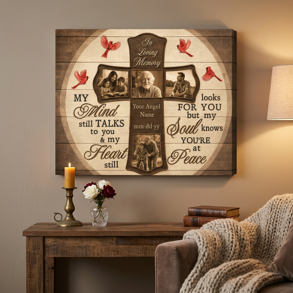 Personalized Memorial Photo Canvas Wall Art Cross Cardinal Sympathy Gift - Image 2
