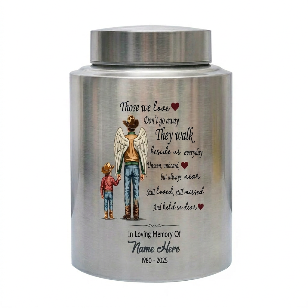 Personalized Cowboy Boots Hat Cross Stainless Steel Urn for Adult Human Ashes Loss of Father Husband Grandpa UV Printed Small and Large Memorial Keepsake Urn, Memorial Gift, In Loving Memory - Image 2