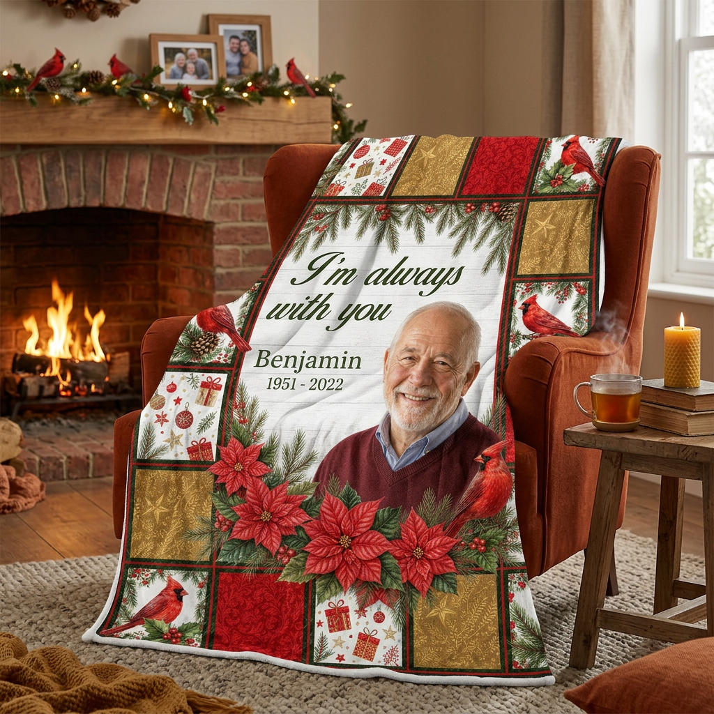 Personalized Memorial Photo Cardinal Christmas Fleece Blanket - Sympathy Gift for Lost Loved One - Image 2