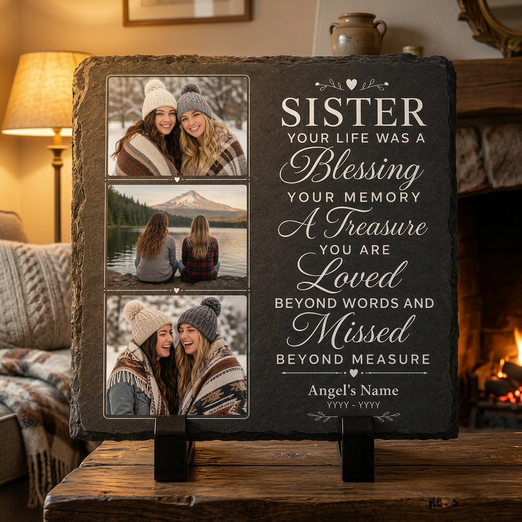 Personalized Sister Memorial Photo Slate Stone, Custom Remembrance Keepsake Gift - Image 2 | VNMGSREPR1-6IN-EHIEU_AI_0426 VNMGSREPR1-8IN-EHIEU_AI_0426