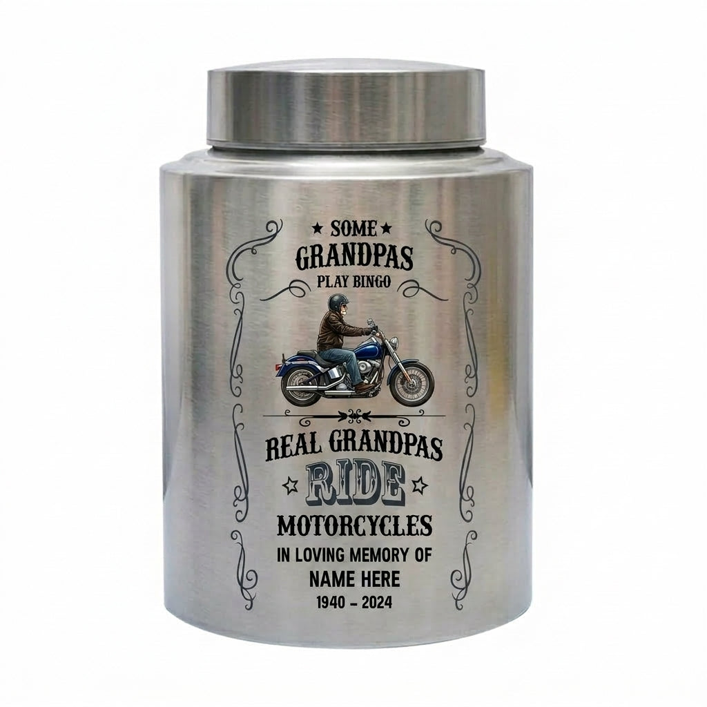 Personalized Motorcycle Stainless Steel Large Urn for Human Ashes, Real Grandpas Ride Motorcycles Biker Dad Grandfather Tribute, Memorial Keepsake Urn, Memorial Gift, In Loving Memory - Image 2