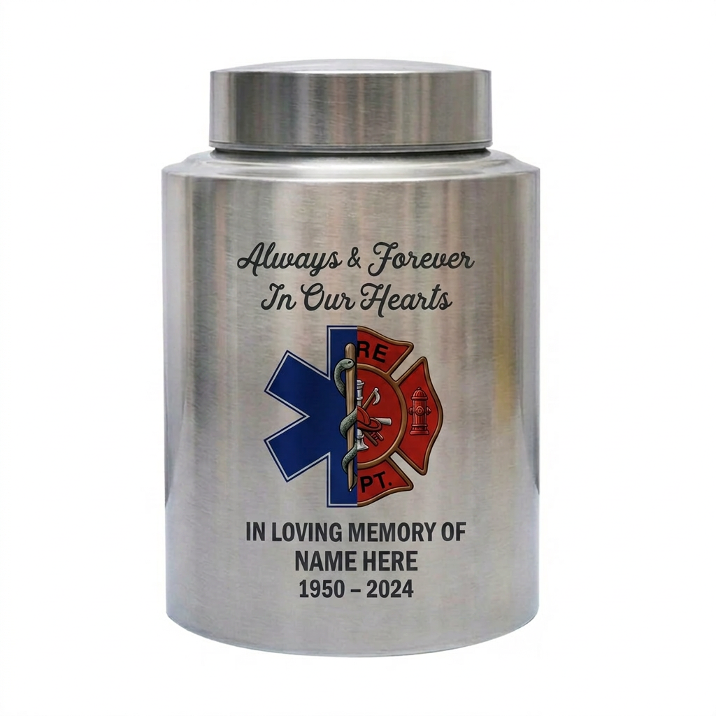 Personalized Firefighter Hero Stainless Steel Cremation Ash Vessel First Responder Sympathy Tribute Custom Name Dates Small Large Memorial Keepsake Urn, Memorial Gift, In Loving Memory - Image 2