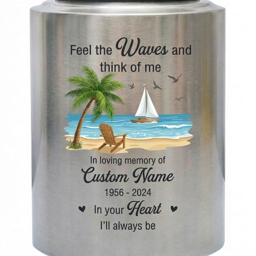 Personalized Beach Ocean Waves Design Stainless Steel Urn for Human Ashes, Loss of Loved One Funeral Bereavement Remembrance Tribute, 2 Sizes, Memorial Keepsake Urn, Memorial Gift, In Loving Memory - Image 2