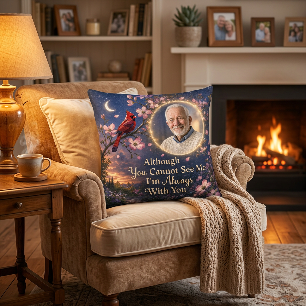 Personalized Photo Memorial Pillow with Cardinal - Although You Cannot See Me Sympathy Gift - Image 2