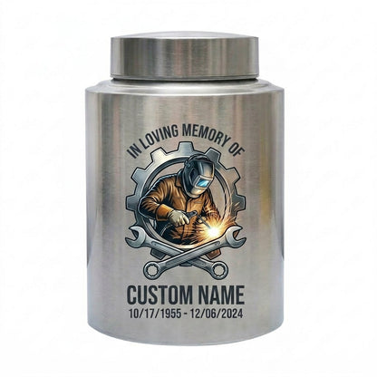 Personalized Welder Gear and Wrenches UV Printed Stainless Steel Urn for Loss of Father Husband Mechanic Bereavement Tribute Two Sizes Memorial Keepsake Urn, Memorial Gift, In Loving Memory - Image 2