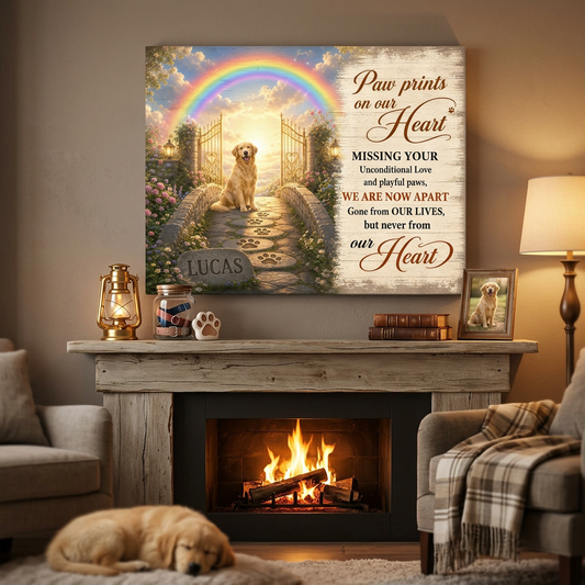 Personalized Dog Memorial Wall Canvas – Rainbow Bridge Paw Print Pet Loss Gift - Image 2