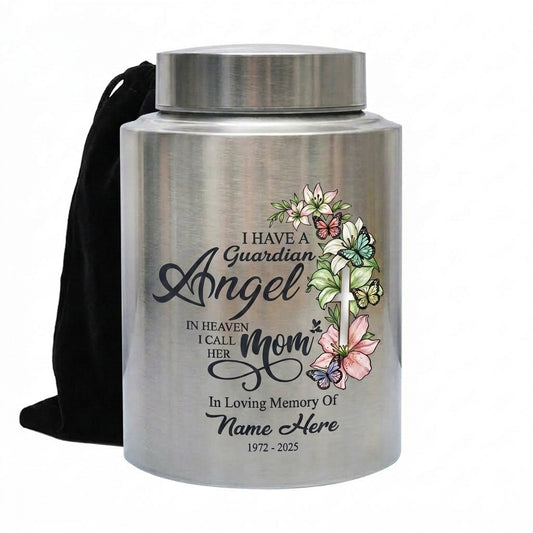 Personalized Guardian Angel Cross Flowers Stainless Steel Urn for Loss of Mother Christian Bereavement Sympathy 2 Sizes 4 Colors Memorial Keepsake Urn, Memorial Gift, In Loving Memory - Image 2