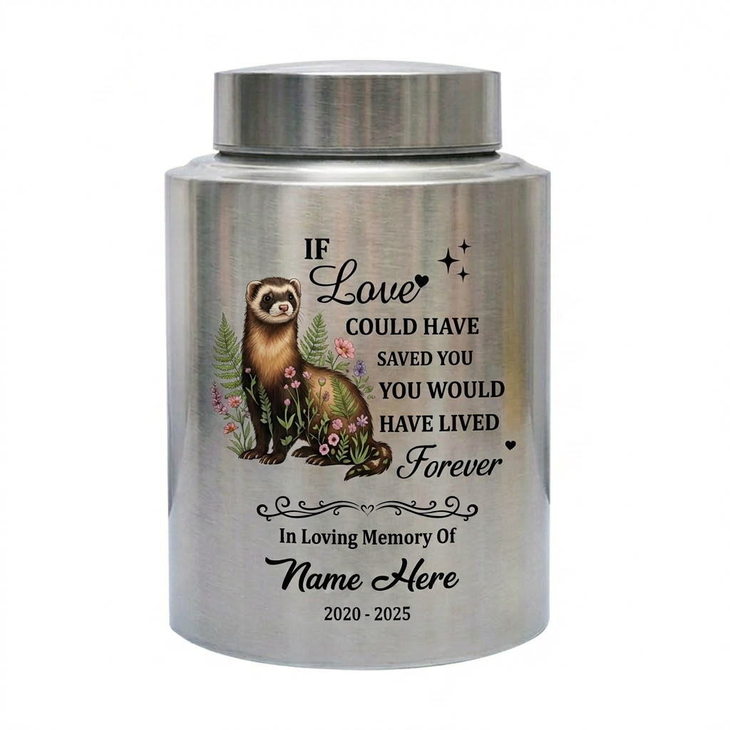 Personalized Botanical Ferret Stainless Steel Pet Urn For Animal Ashes Sympathy Bereavement Display Small Large Sizes Loss Of Pet Memorial Keepsake Urn, Memorial Gift, In Loving Memory - Image 2