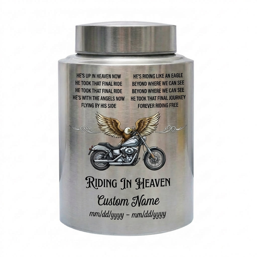 Personalized Motorcycle Riding in Heaven Stainless Steel Urn for Dad Biker Adult Male, Decorative Ash Container Small 5.9x3.9 Large 7.5x5.1, Memorial Keepsake Urn, Memorial Gift, In Loving Memory - Image 2