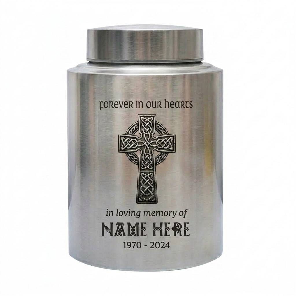 Personalized Celtic Cross Irish Urn for Human Ashes, Forever In Our Hearts Funeral Tribute for Adult Male Female Loss of Loved One, 2 Sizes, Memorial Keepsake Urn, Memorial Gift, In Loving Memory - Image 2
