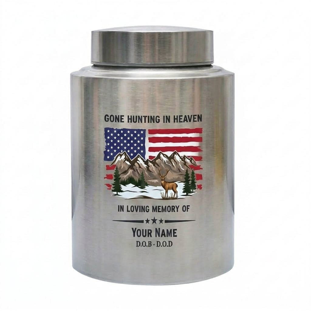 Personalized Deer Hunting Stainless Steel Gone Hunting in Heaven Outdoorsman Tribute Adult Ashes Holder for Dad Husband Hunter Large Urn Memorial Keepsake Urn, Memorial Gift, In Loving Memory - Image 2
