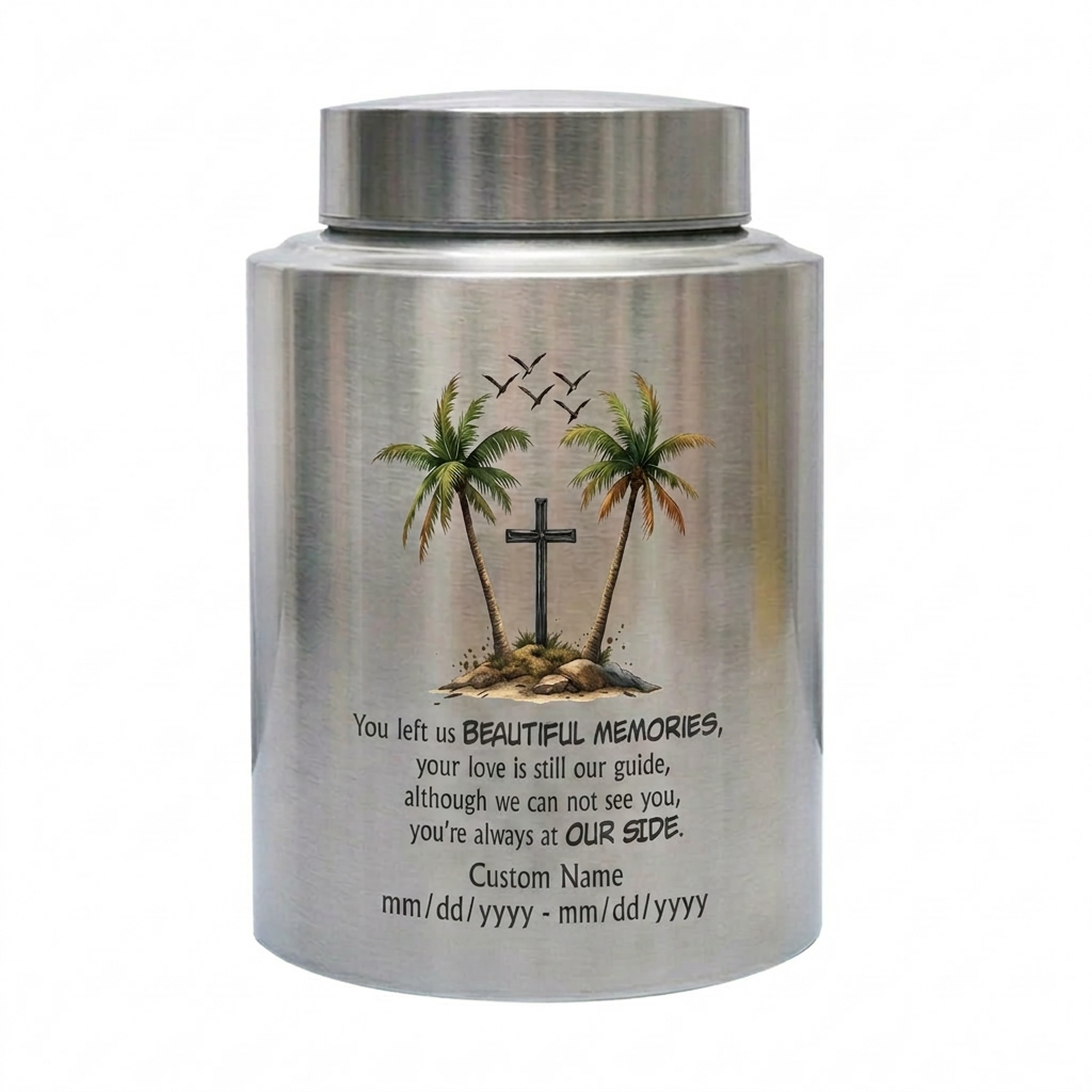 Personalized Beach Palm Tree Cross Stainless Steel Funeral Urn for Loss of Mom Dad Loved One Adult Human Ashes Small Large Memorial Keepsake Urn, Memorial Gift, In Loving Memory - Image 2