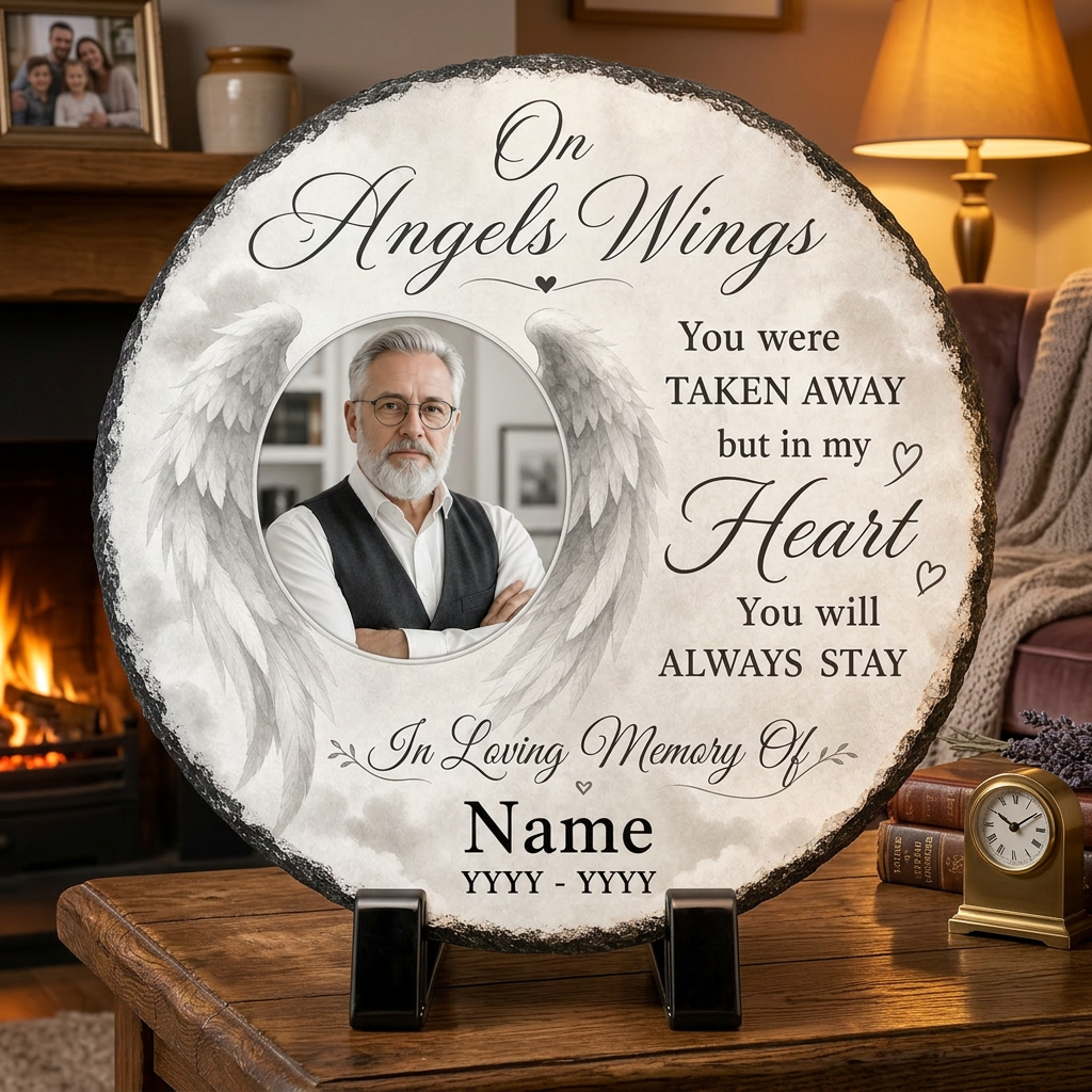 Personalized Angel Wings Memorial Garden Stone – Custom Photo Slate Plaque Bereavement Gift - Image 2 | VNMGSREPR1-6IN-EHIEU_AI_0437 VNMGSREPR1-8IN-EHIEU_AI_0437