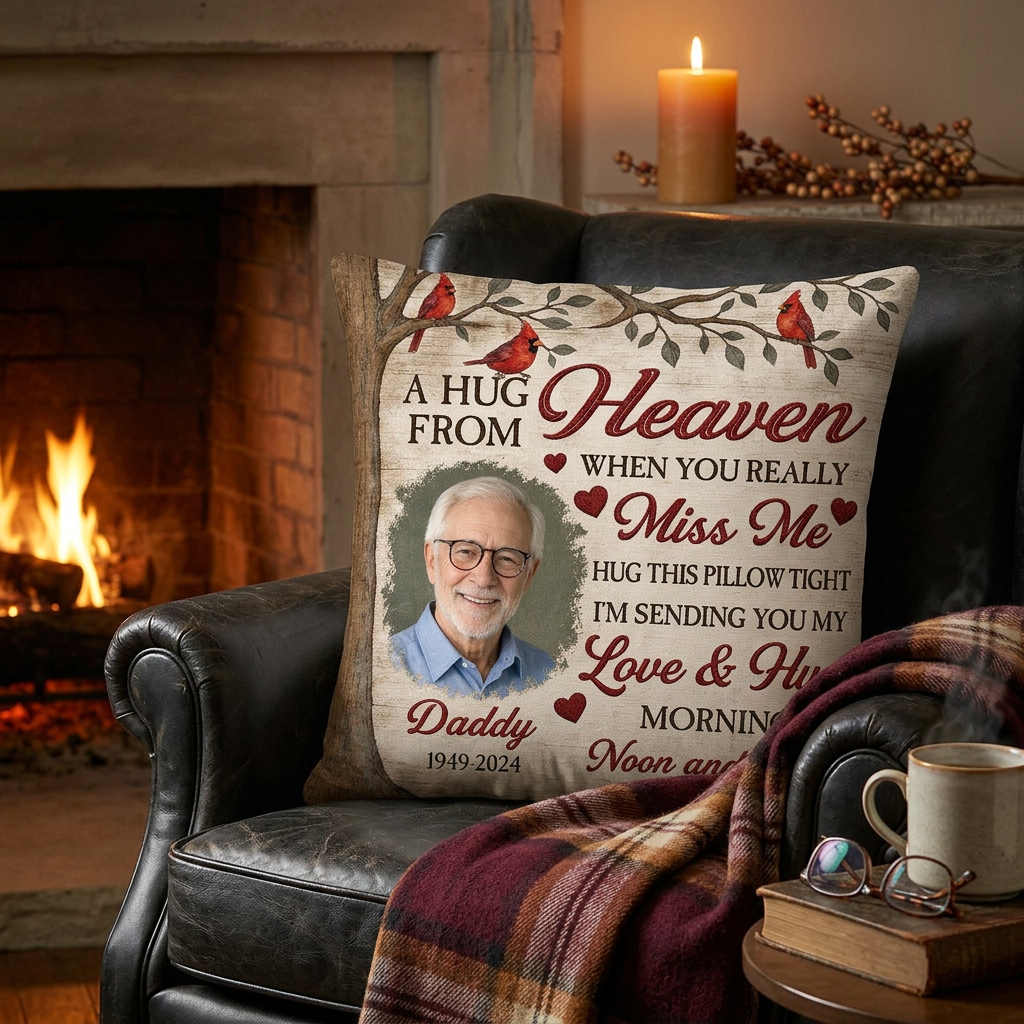 Personalized Memorial Photo Pillow for Loss of Father, A Hug From Heaven Dad Keepsake Gift - Image 2