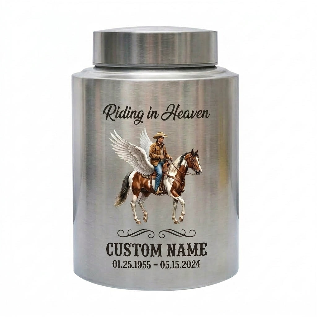 Personalized Cowboy Boots Hat Cross Western UV Printed Stainless Steel Funeral Urn for Adult Human Ashes Large Custom Riding In Heaven Memorial Keepsake Urn, Memorial Gift, In Loving Memory - Image 2