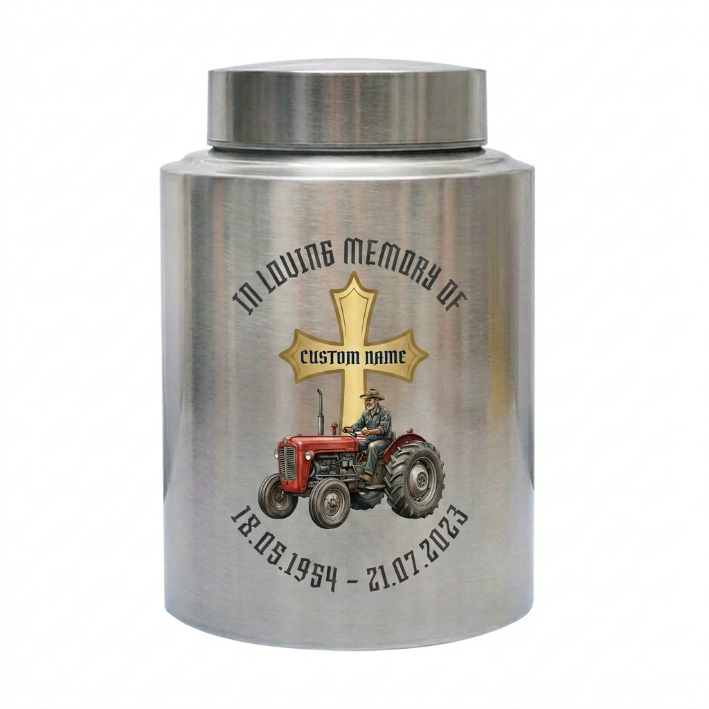 Personalized Farmer Tractor Gothic Cross Stainless Steel Urn for Human Ashes Loss of Father Grandfather Husband Decorative 5.9x3.9 7.5x5.1 Memorial Keepsake Urn, Memorial Gift, In Loving Memory - Image 2