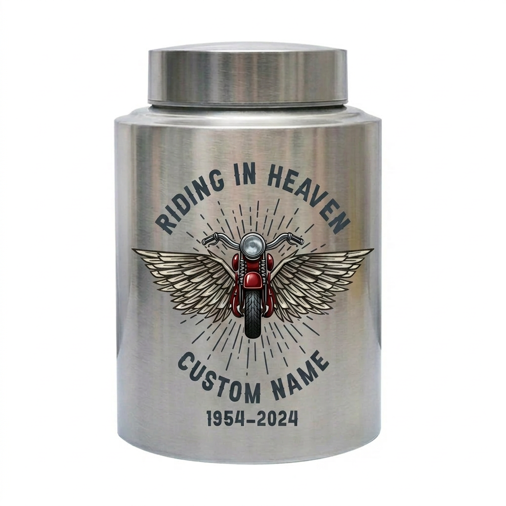 Personalized Motorcycle Cremation Urn Stainless Steel Riding In Heaven Biker Tribute for Dad Husband Two Sizes Black Gold Red Memorial Keepsake Urn, Memorial Gift, In Loving Memory - Image 2