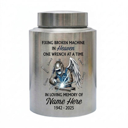 Personalized Mechanic Fixing Broken Machine In Heaven Stainless Steel Urn for Dad Father Grandpa Men Human Ashes Small Large Memorial Keepsake Urn, Memorial Gift, In Loving Memory - Image 2