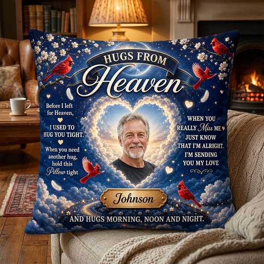 Personalized Hugs From Heaven Memorial Photo Pillow with Cardinal Birds - Sympathy Remembrance Gift - Image 2