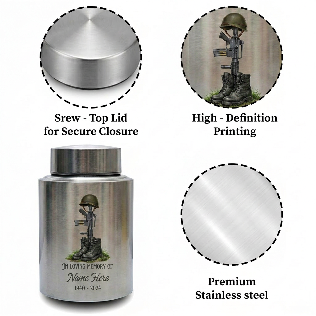 Personalized US Army Veteran Military Stainless Steel Cremation Urn for Ashes Customizable Service Member Tribute Honoring Heroes Large Size Memorial Keepsake Urn, Memorial Gift, In Loving Memory - Image 3