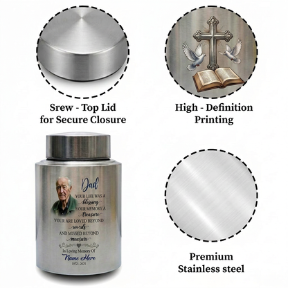 Personalized Dad Your Life Was A Blessing Custom Name Date UV Printed Stainless Steel Cremation Ash Container Loss Of Father Parent Bereavement Memorial Keepsake Urn, Memorial Gift, In Loving Memory - Image 3