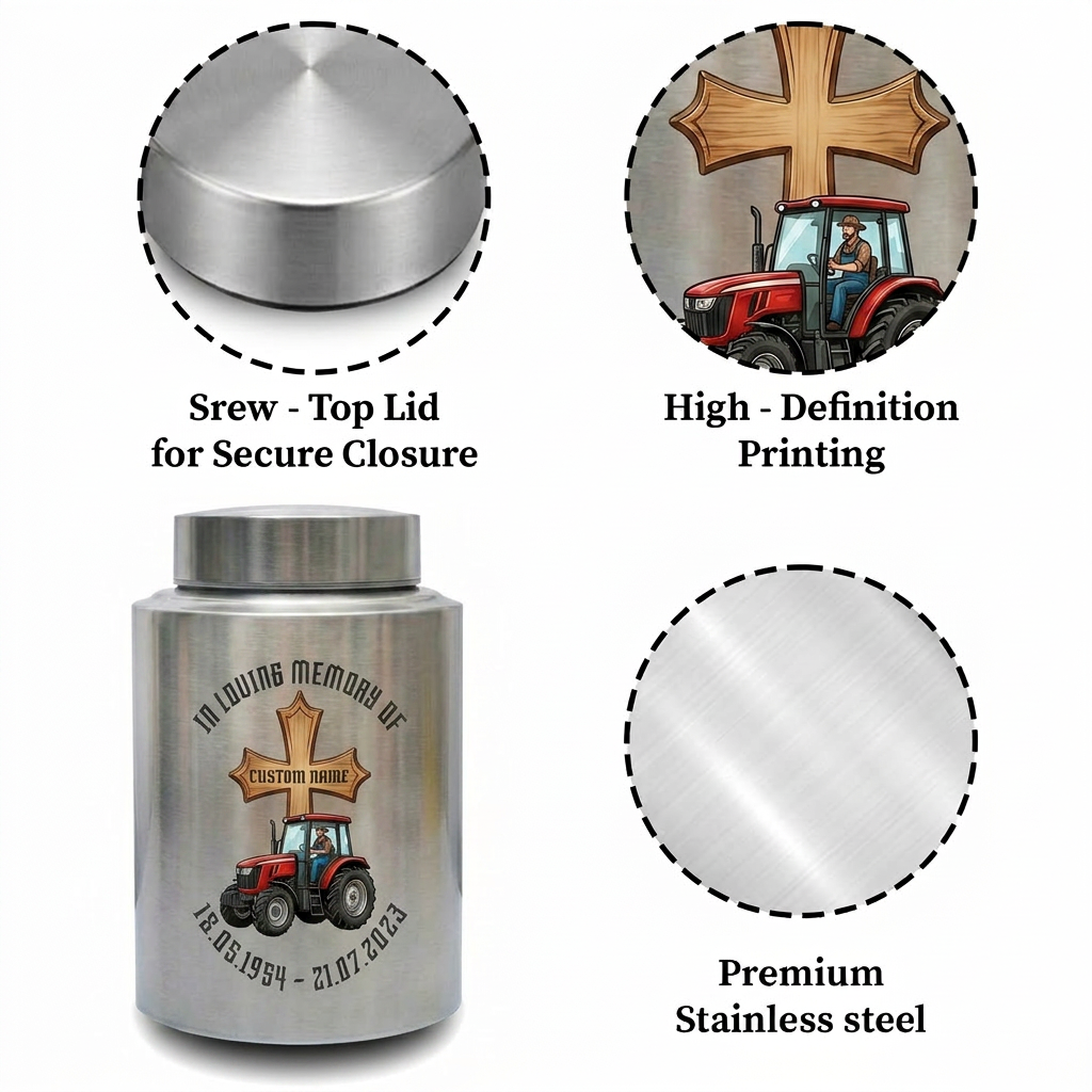 Personalized Farmer Tractor Gothic Cross Stainless Steel Urn for Human Ashes Loss of Father Grandfather Husband Decorative 5.9x3.9 7.5x5.1 Memorial Keepsake Urn, Memorial Gift, In Loving Memory - Image 3