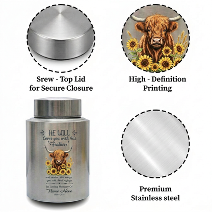 Personalized Highland Cow Christian Bible Verse Stainless Steel Cremation Urn for Human Ashes, Custom Religious Bereavement Sympathy Present, Memorial Keepsake Urn, Memorial Gift, In Loving Memory - Image 3