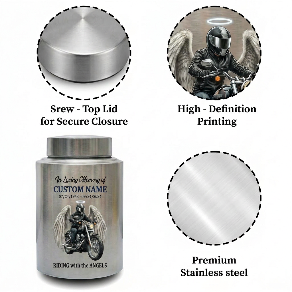 Personalized Motorcycle Biker Stainless Steel Decorative Urn for Human Ashes Adult Male Dad Husband Custom Large UV Printed Memorial Keepsake Urn, Memorial Gift, In Loving Memory - Image 3