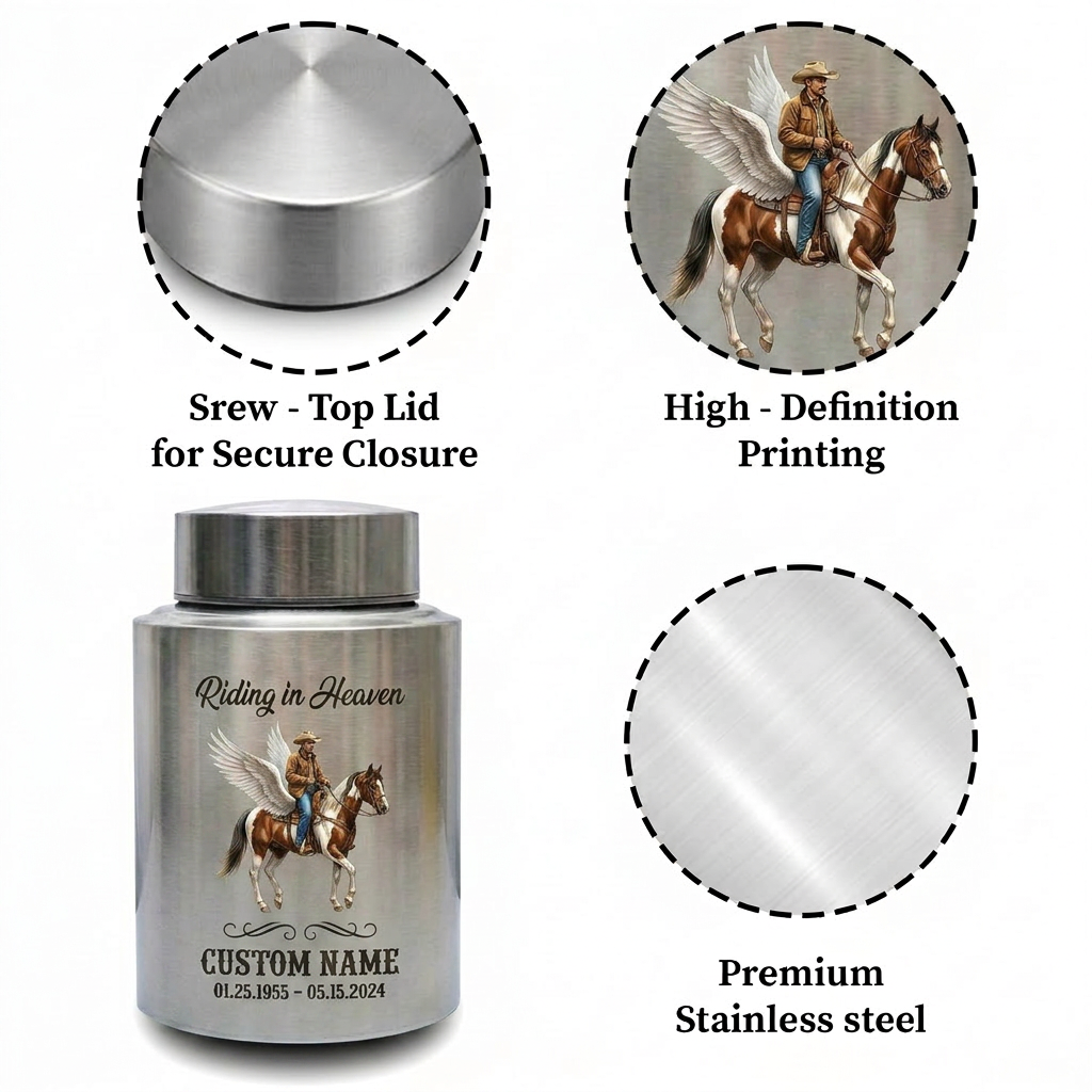 Personalized Cowboy Boots Hat Cross Western UV Printed Stainless Steel Funeral Urn for Adult Human Ashes Large Custom Riding In Heaven Memorial Keepsake Urn, Memorial Gift, In Loving Memory - Image 3